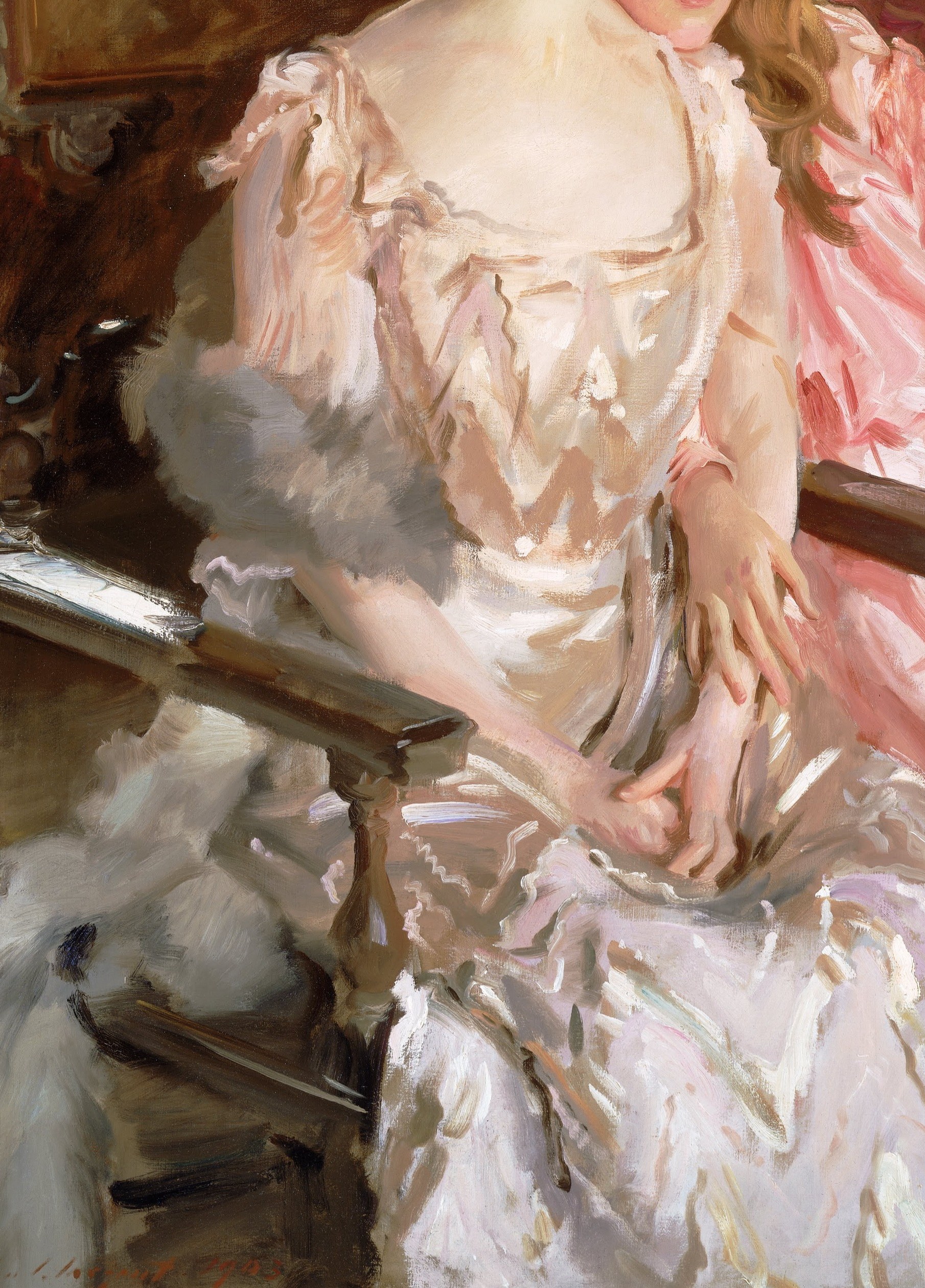 Her gown is a masterclass in painting light on white satin.