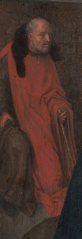 His red robe is a striking contrast.