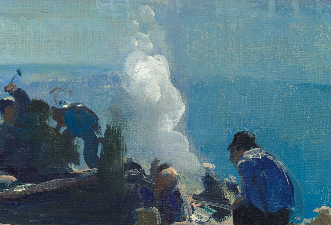 It shows a steamboat working in the hazy morning light.