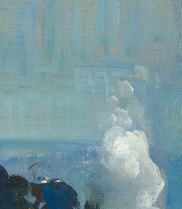 The thick, impasto brushstrokes create a sense of volume and movement, suggesting the industrial power of the vessel.