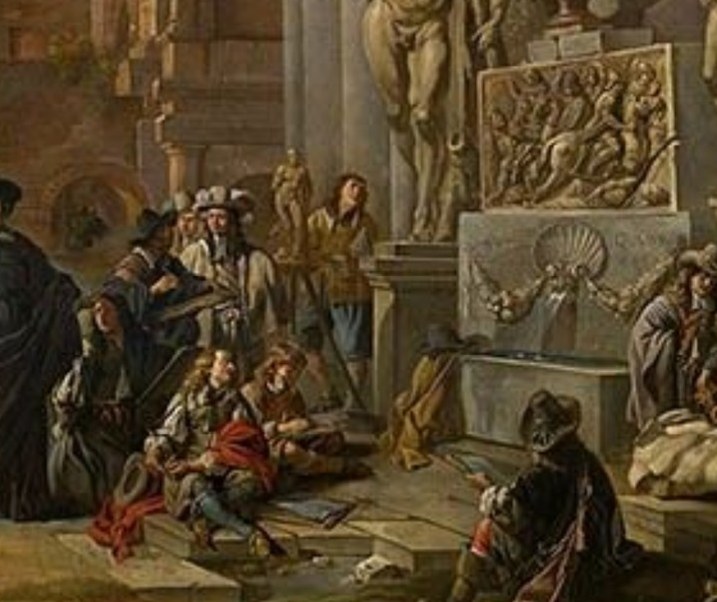 Students gather around ancient statues, sketching and conversing.