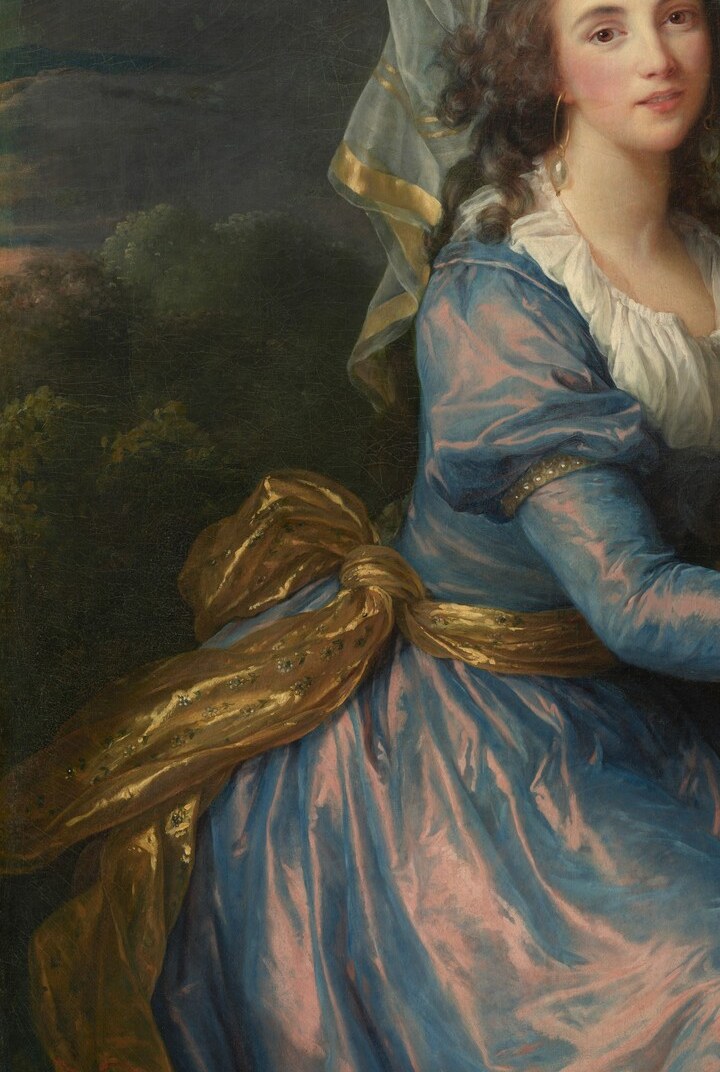 Shimmering cerulean silk with gold sash , the textile Salon critics singled out; the brush handling reveals Vigée Le Brun's virtuosity in painting light on woven fabric.