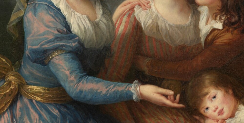 The painting's symbolic heart: multiple hands touching and gesturing , friendship, motherhood, protection , all rendered with Vigée Le Brun's celebrated flesh-tone subtlety.