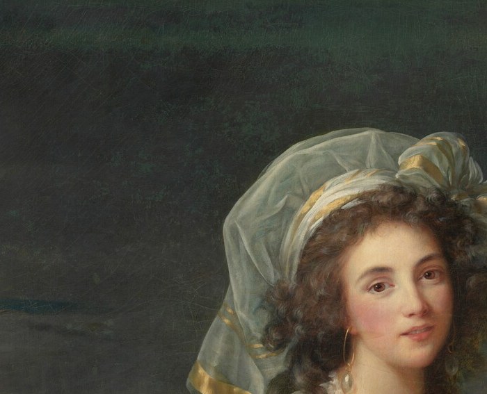 Her direct, composed gaze anchors the composition's left; the white plumed hat and powdered hair frame a serene aristocratic confidence on the eve of revolution.