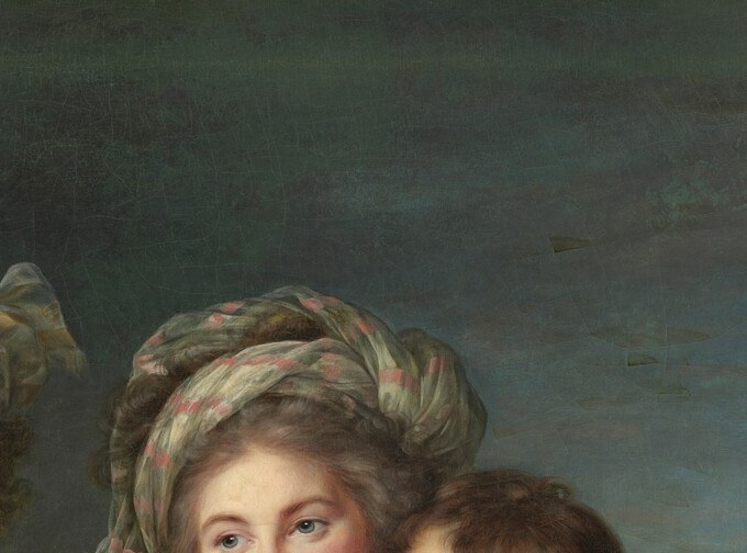 Her turban and lifted chin recall sibyl iconography noted by critics; her expression blends maternal pride with a faint melancholy appropriate for a widow.
