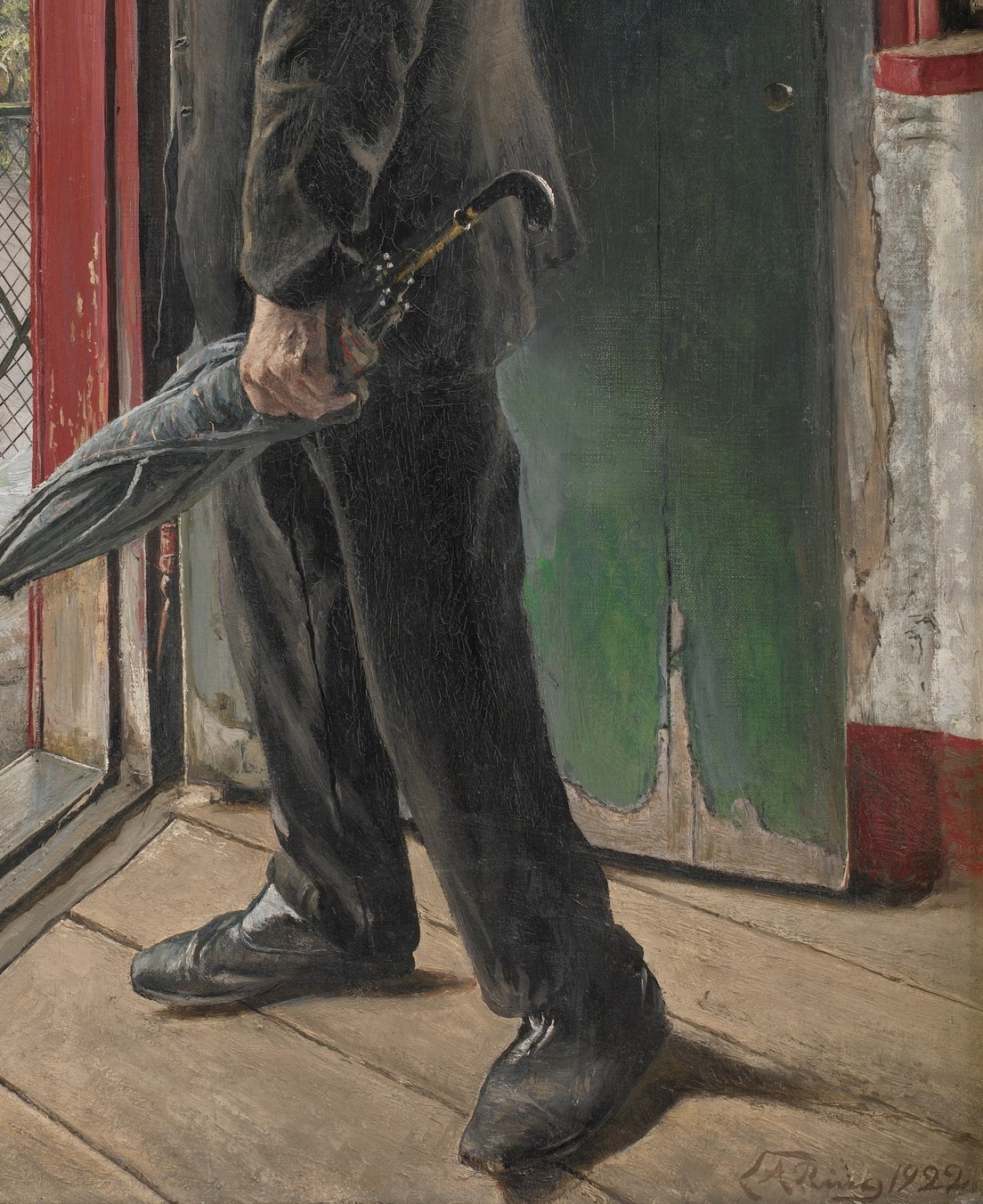 His coat looks damp, clinging to his form.