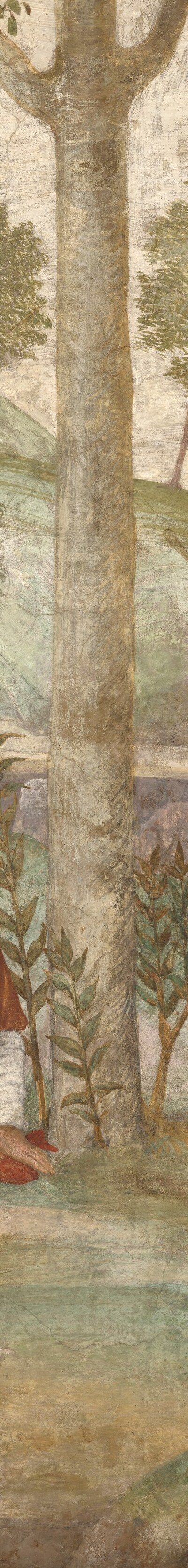 Its imposing presence anchors the composition and divides the space, creating a sense of natural grandeur.