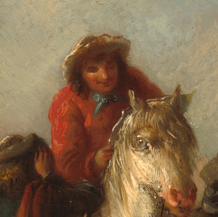 This woman, riding a white horse, is part of the scene.