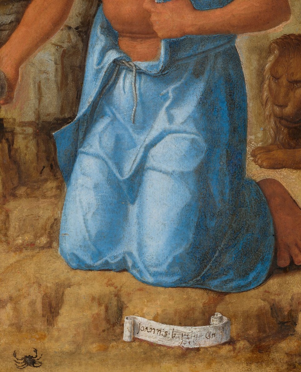 The saturated cobalt folds are the only strong color in the panel, marking Jerome as the visual anchor.