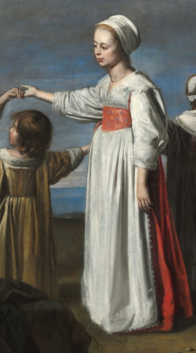 Her pose and the vibrant sash draw the eye, suggesting leadership or a focal point in the dance.