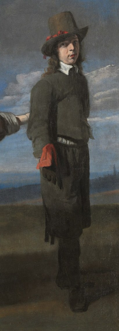 His formal attire and direct gaze towards the viewer create a sense of presence and perhaps a narrative role.