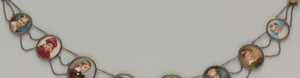 The chain's graceful curves are what unify nine separate portraits into a single strand; the goldsmithing is as intentional as the painting , without it, there is no 'pearl necklace'