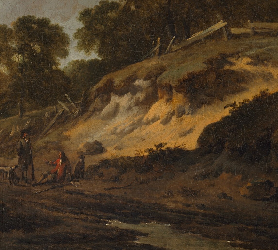 The compositional spine of the painting , Wijnants's signature dune surface, warm ochre against shadow, demonstrating his mastery of sandy terrain texture