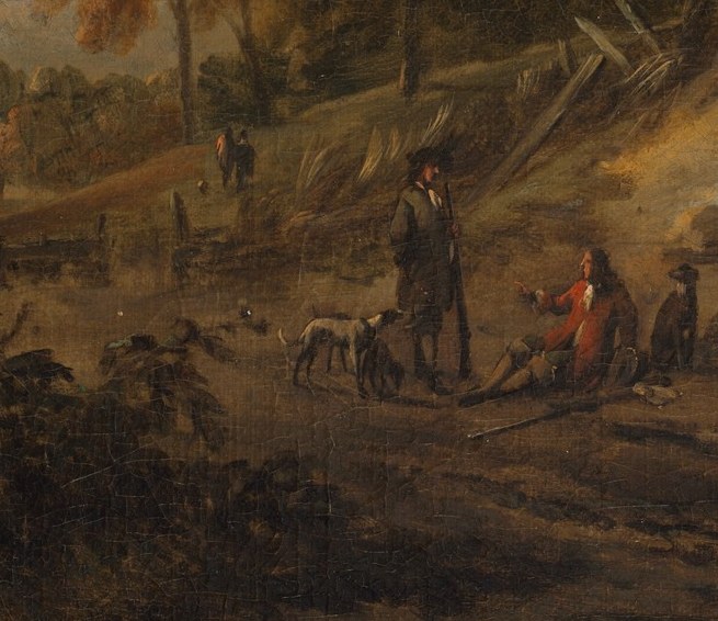 The human anchor of the composition , small against the landscape, their posture and period dress tell us everything about 17th-century Dutch hunting culture