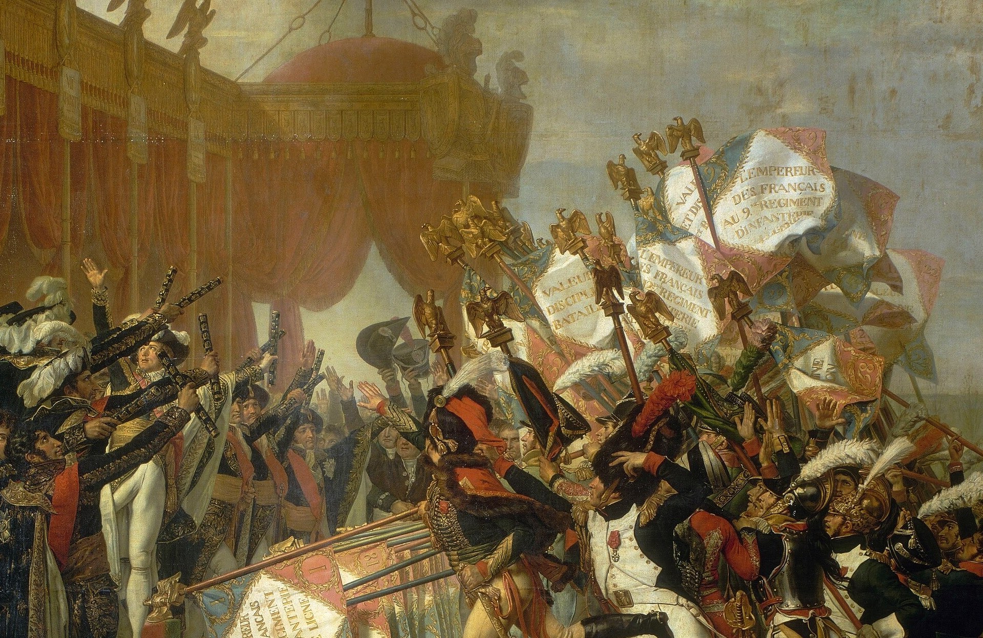 David populates the background with hundreds of faces , a virtuosic crowd-management feat; close inspection reveals individual expressions and uniform details that reward slow viewing.