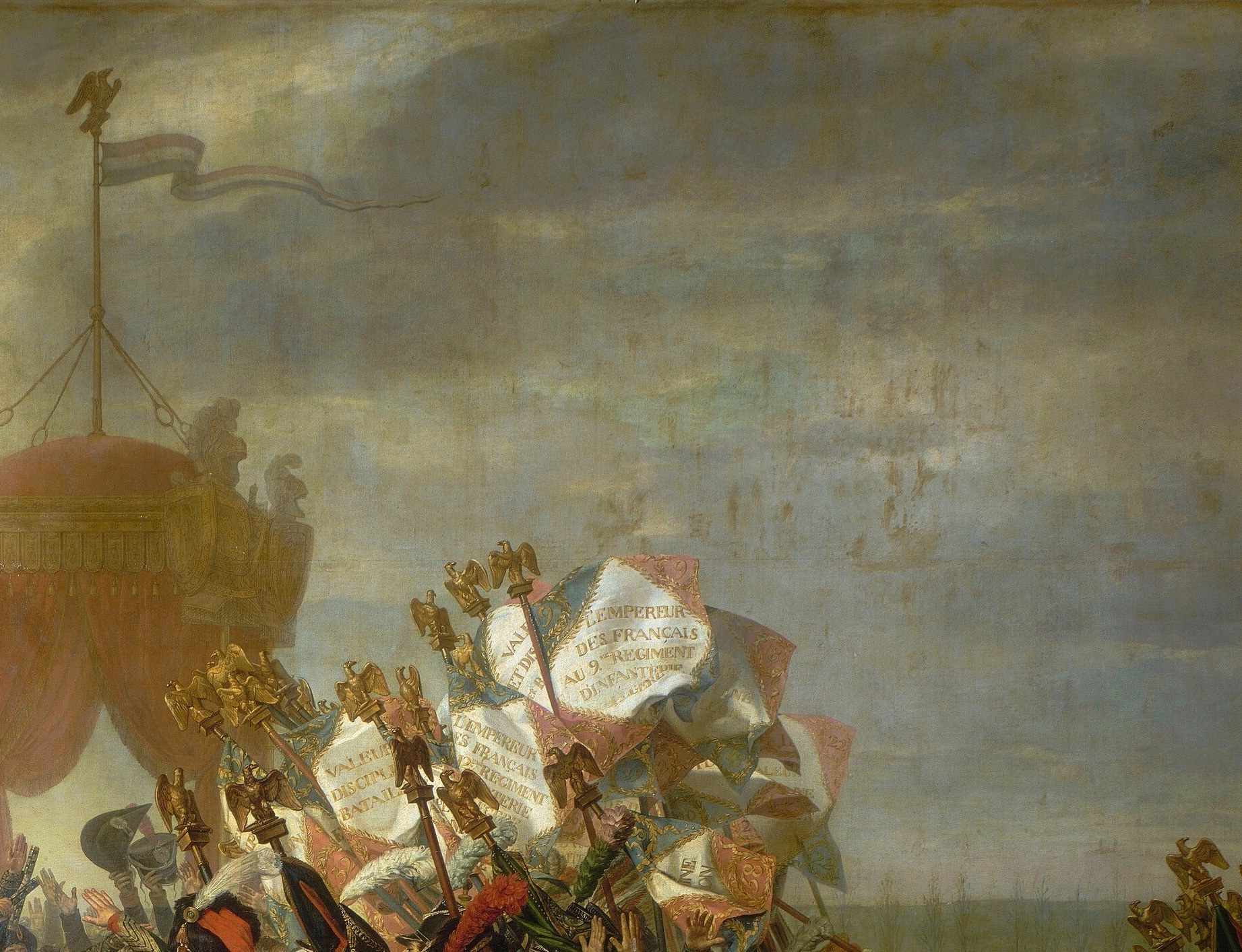 Dozens of standards fill the upper right half, creating a bristling skyline of national color , the sheer quantity conveys the scale of the army assembled and the power being consecrated.