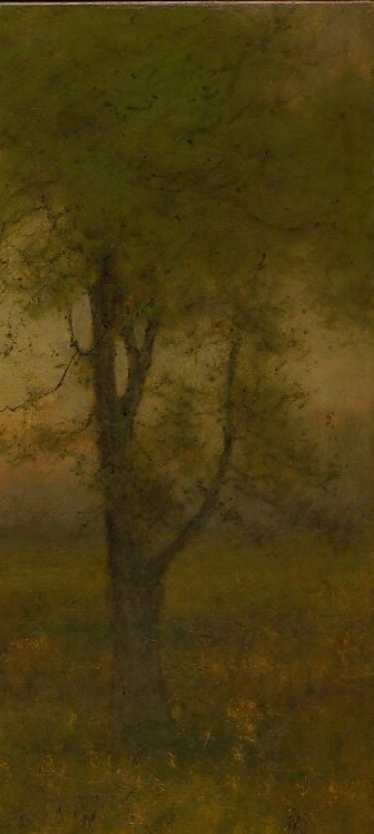 A counterweight to the central tree, its form dissolves into warm haze near the top, demonstrating Inness's technique of letting edges breathe rather than define