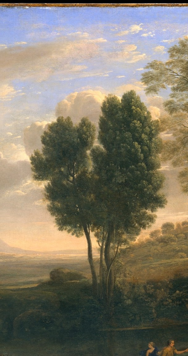 These repoussoir trees act as a natural proscenium arch, forcing the eye inward toward the dawn light , a compositional device Lorrain refined across his entire career.