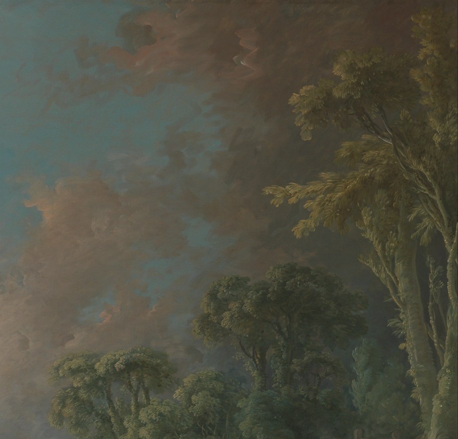 Boucher's clouds are notoriously feathery and idealised; the warm-lit cumulus against the blue expanse is a signature passage of his late decorative style.
