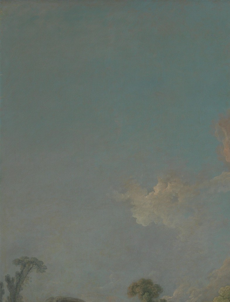 The darkened coulisse tree is a Rococo stage device; it forces the eye rightward into light and locates the scene inside a sheltered natural theater.