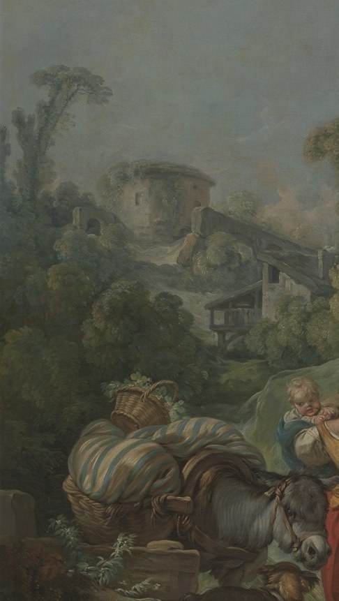 The craggy rocks ground the idealized pastoral in something tactile; Boucher's soft brushwork on stone is worth close examination , texture without grit.