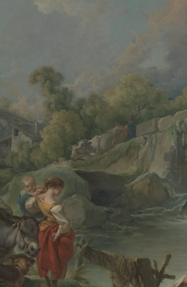 Boucher's central figure anchors the composition; rich warm tones against cool water make her the eye's first destination, and her upright posture contrasts with the bent labor around her.