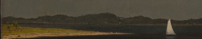 A pale yellow-green strip of trapped sunlight runs along the far shore , the last breath of clear sky before darkness closes in, and the chromatic key to the painting's dread.
