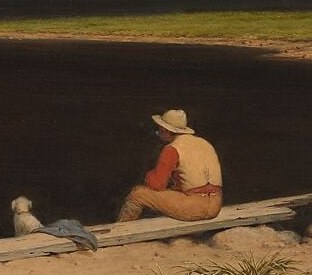 A solitary figure in a white hat sits with back to the viewer, facing the storm , humanity dwarfed by nature; read allegorically, it is an American watching Civil War tensions gather.