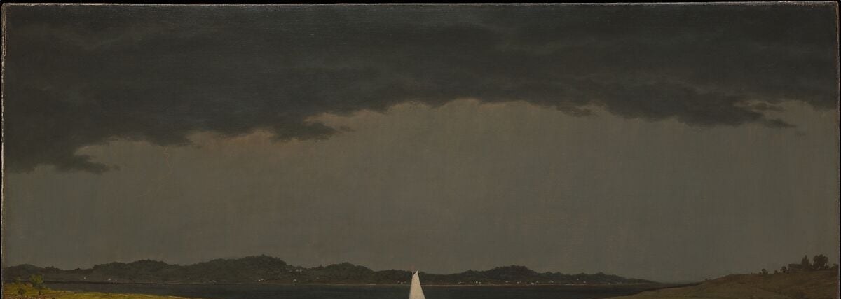 The compositional engine of the painting: a bruise-dark cloud bank presses down across the entire upper half, its turbulent underbelly contrasting with the unnaturally calm brightness below.