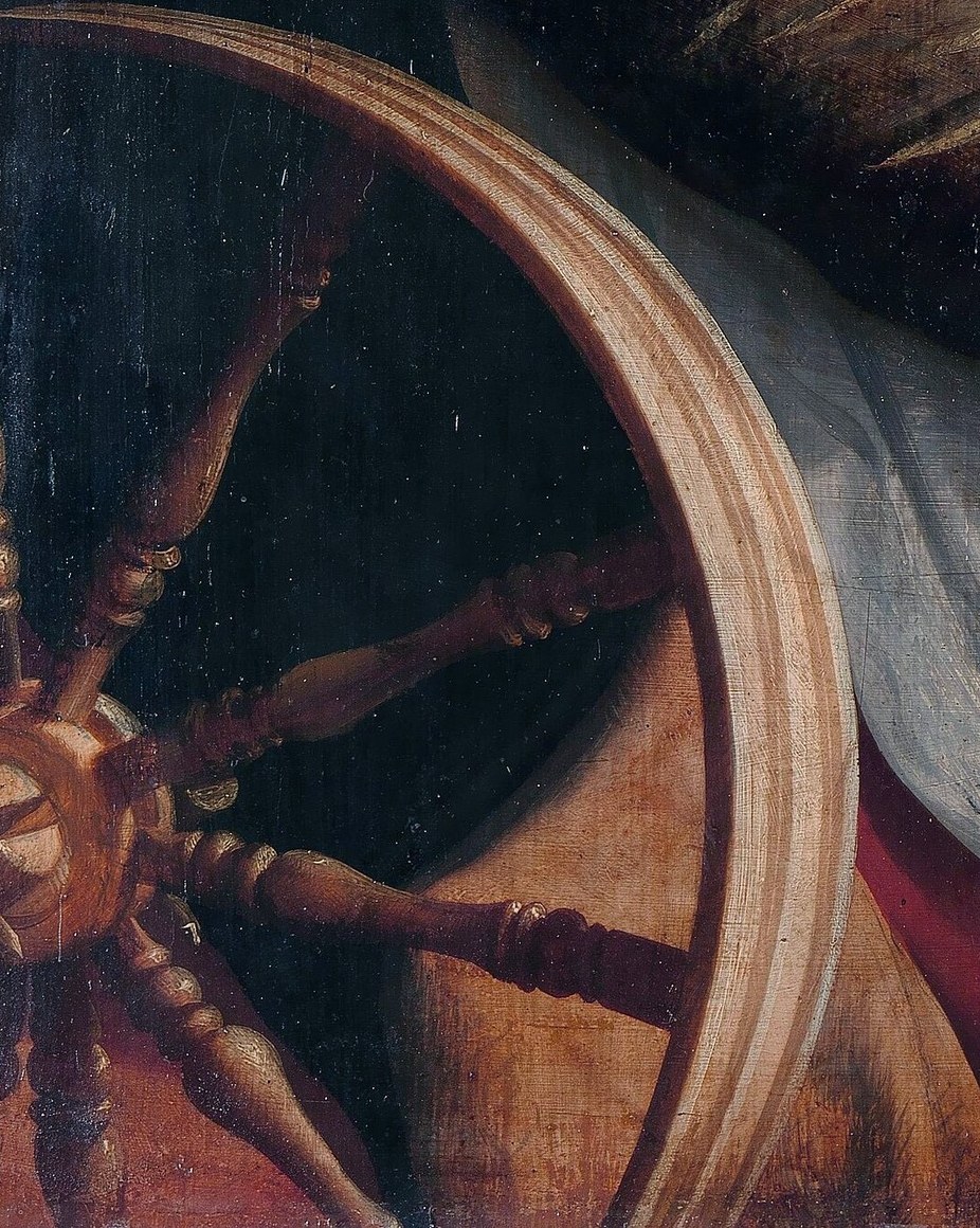 The woman spins, a common household task of the time.