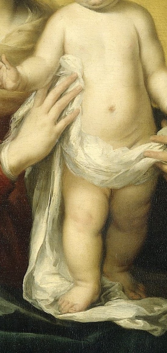 The soft rendering of his skin and the delicate drapery highlight his vulnerability.