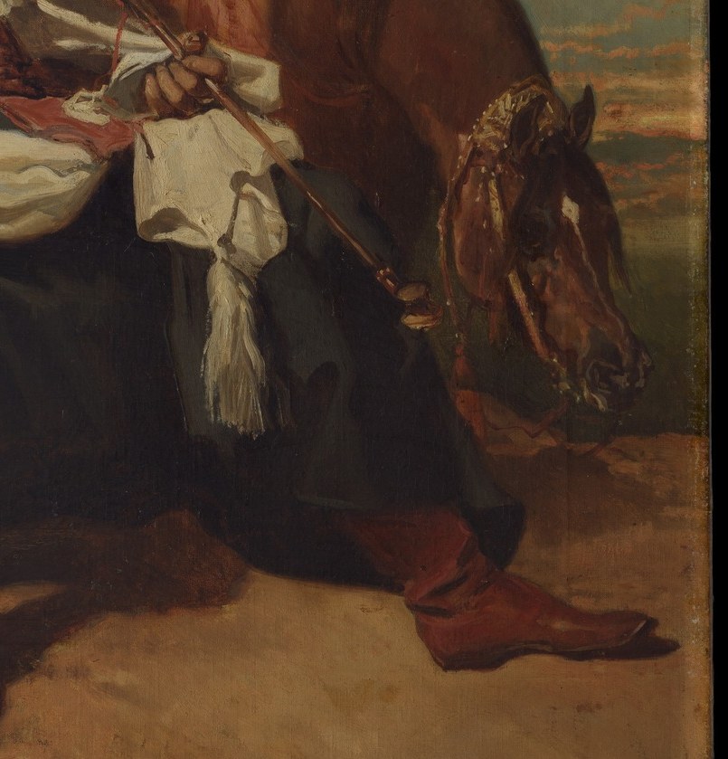 The horse's calm demeanor and powerful build represent strength and loyalty, a noble companion.