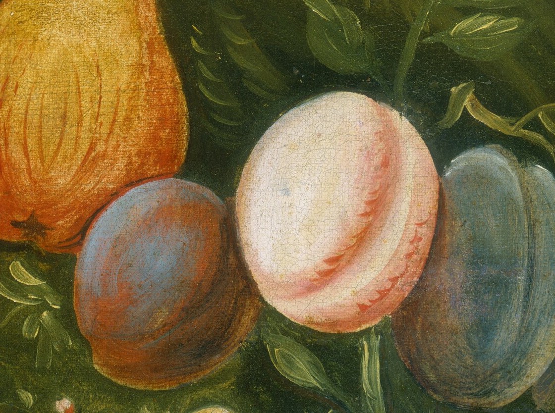 Notice the rich, ripe peaches, plums, and grapes.