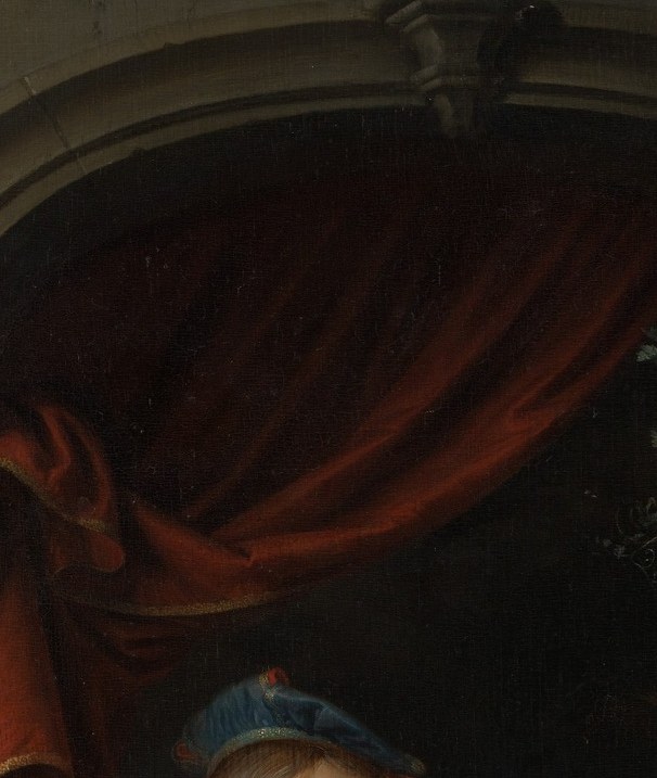 The psychological center of the portrait; his composed, alert gaze signals confident self-presentation at the acknowledged peak of his fame.