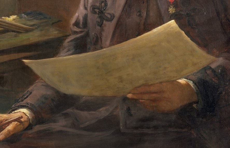 She holds what appear to be drawings or documents, grounding her identity as a working artist rather than merely a social subject.
