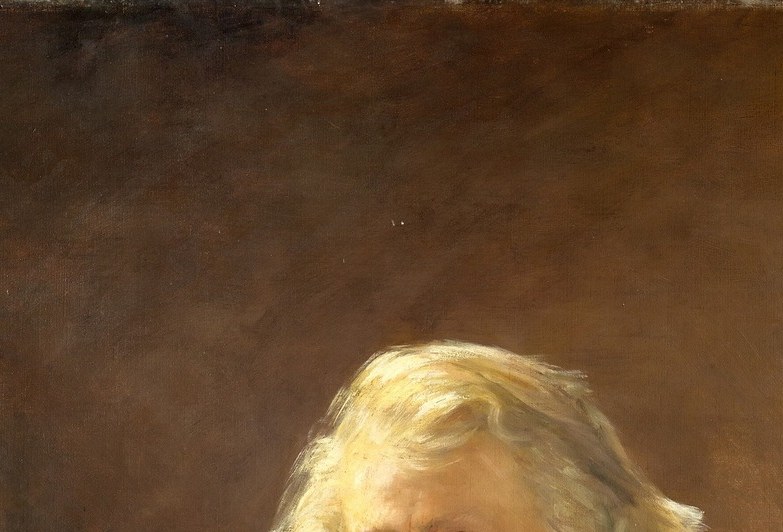 The loosely rendered silver hair is a virtuoso passage of brushwork , white, grey, and warm highlights built up to convey both age and vivacity.