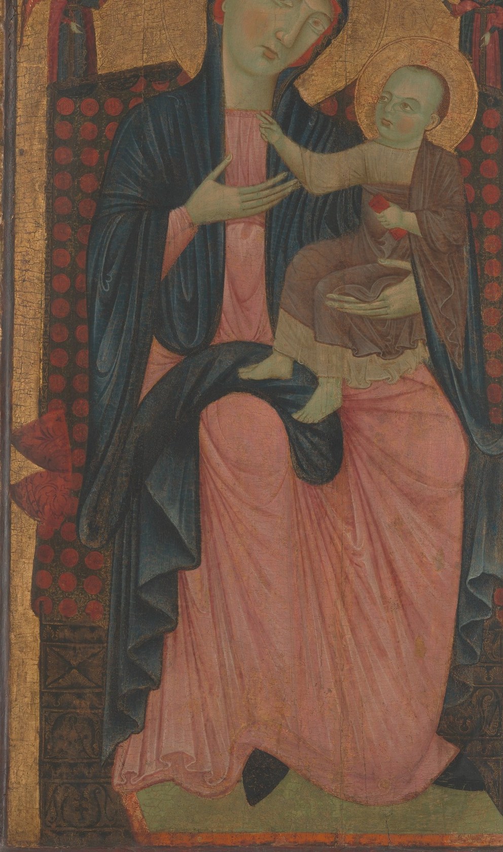 Her blue mantle is ultramarine, from lapis lazuli.