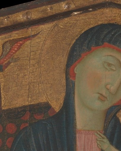 Hieratic frontal pose with eyes angled down toward the Child, Byzantine convention that reads simultaneously as maternal tenderness and sacred humility; the slight tilt humanizes an otherwise rigid formula.