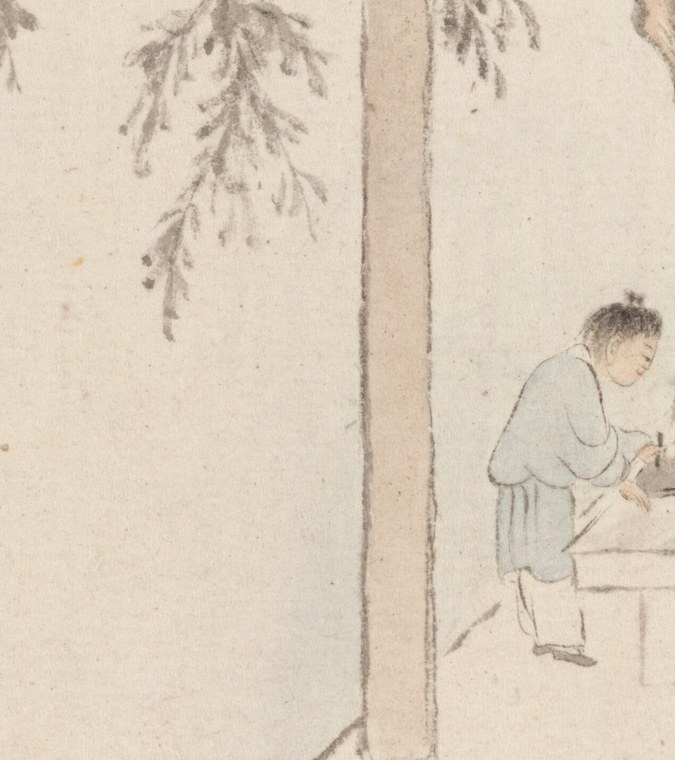 A scholar sits, brush in hand, lost in thought.
