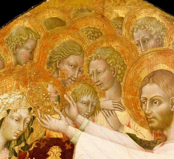 Christ leans in, crown in hand. The angels press close to witness.