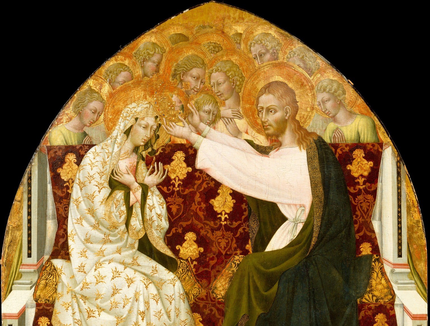 The arch shape signals altarpiece function and frames the sky-throne as sacred space , the painting was made to be housed in an architectural setting that mirrored this form.
